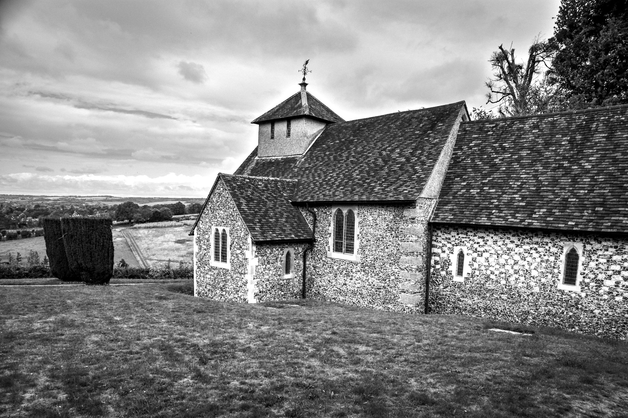 Hedsor Church in Buckinghamshire photographed for a colour and black-and-white comparison
