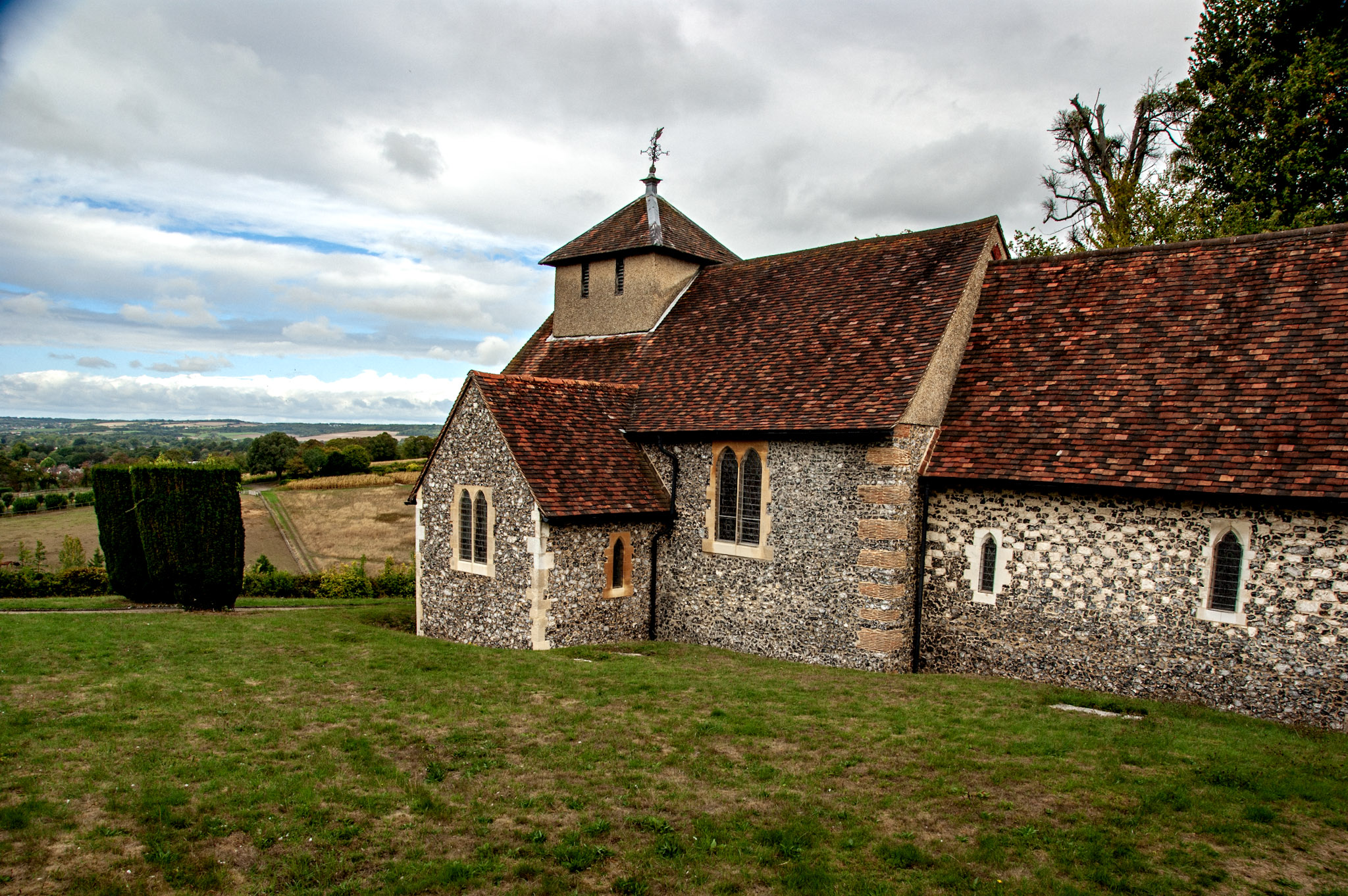 Hedsor Church in Buckinghamshire photographed for a black-and-white and colour comparison