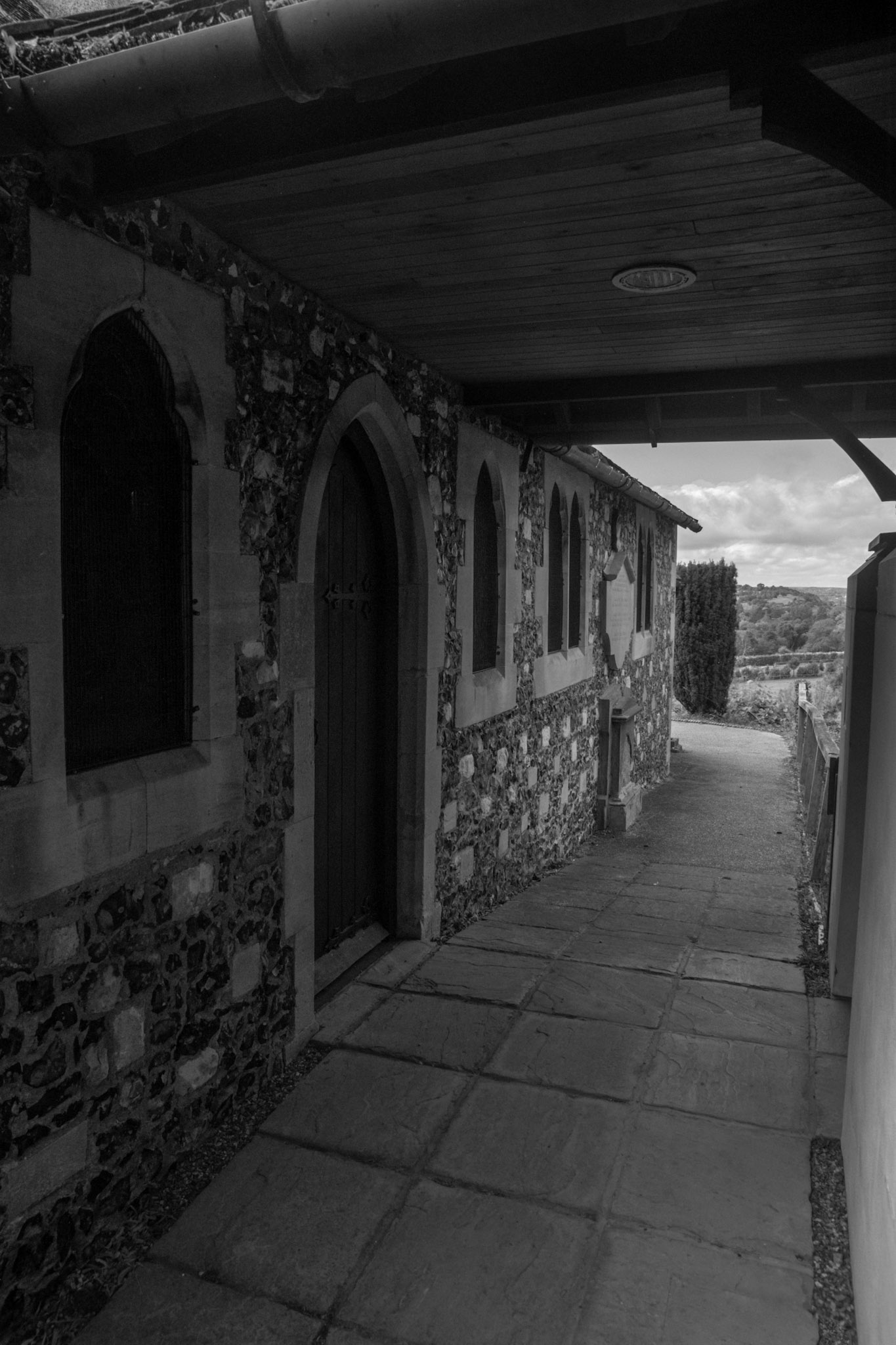 Hedsor Church in Buckinghamshire photographed for a colour and black-and-white comparison