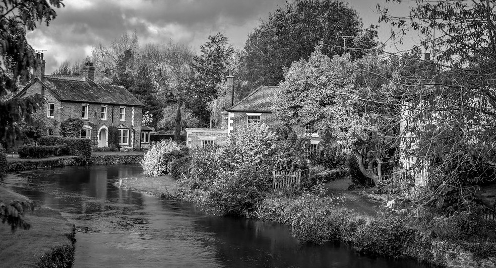 A quiet Herefordshire autumn landscape photographed in black and white