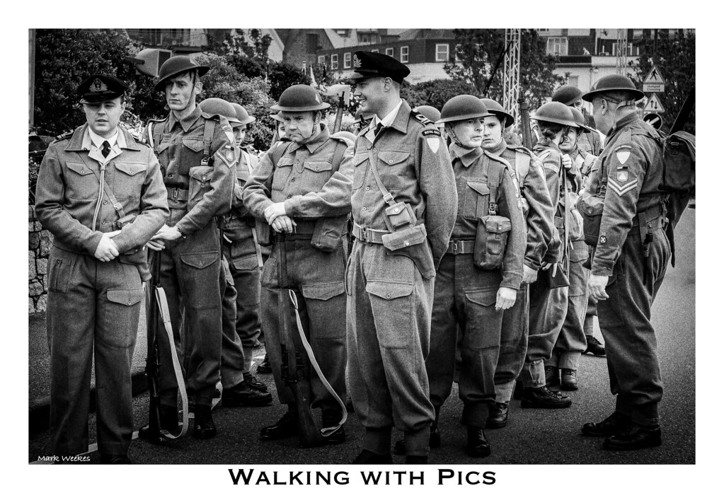 Historical military re-enactment and commemoration photographed in black and white at Jersey Liberation Day