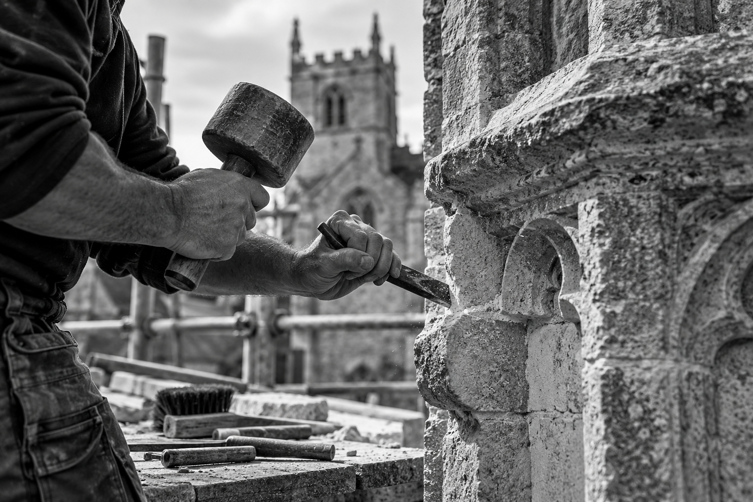 Stonemason working on historic stonework in black and white