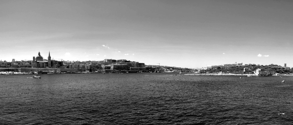 Black and white panoramic travel photograph