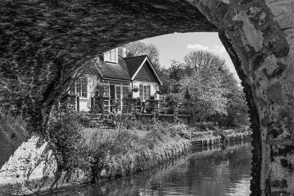 Black-and-white photograph taken with the Panasonic Lumix LX100 II on the Grand Union Canal in Buckinghamshire