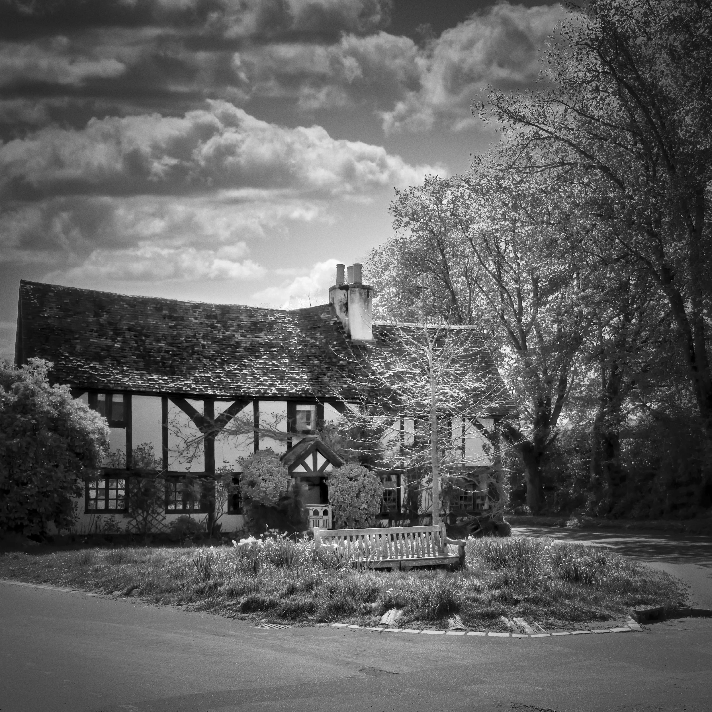 Traditional half-timbered period property in Buckinghamshire photographed in black and white