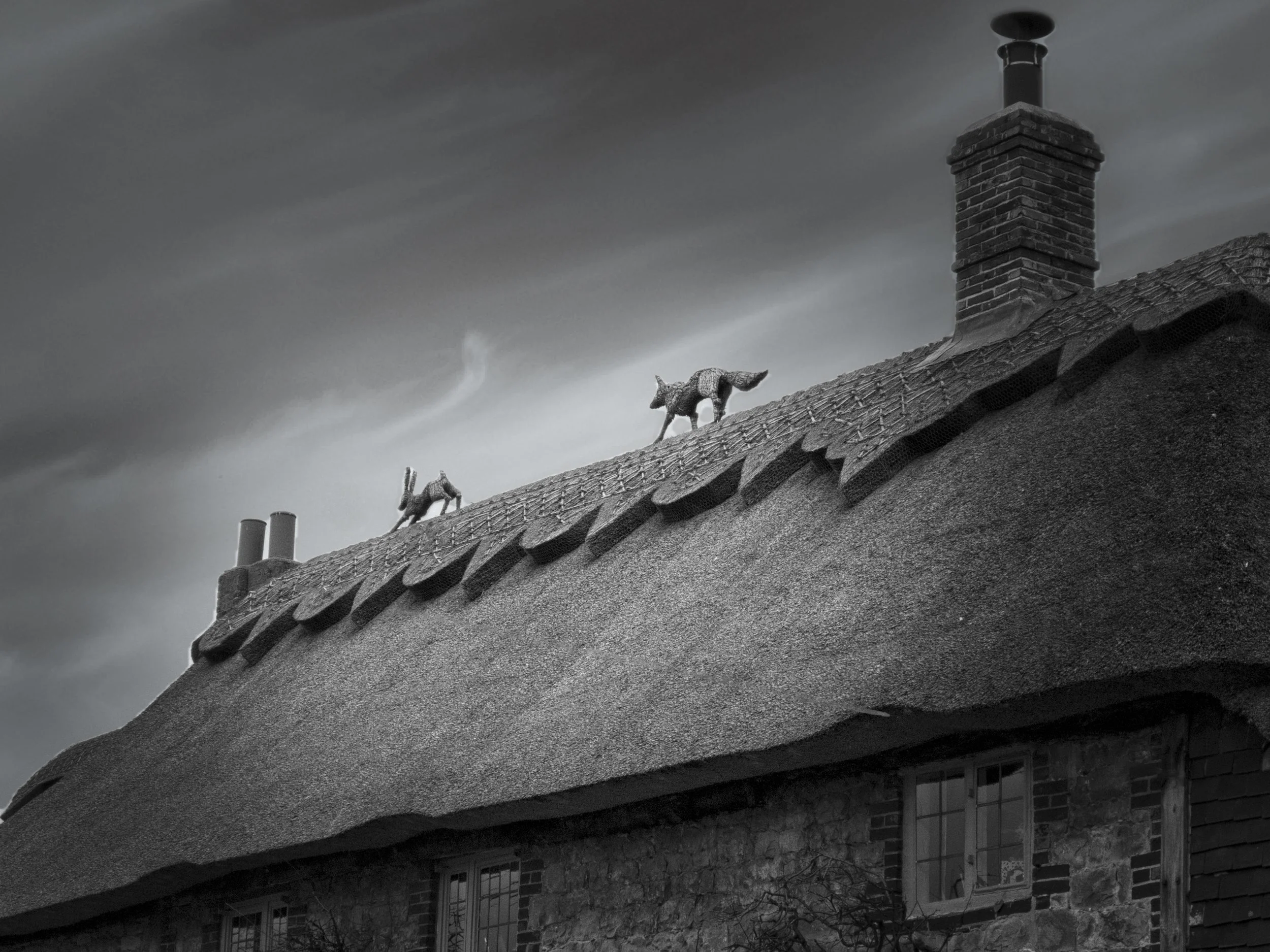 Thatched cottage roof with decorative ridge figures photographed in black and white
