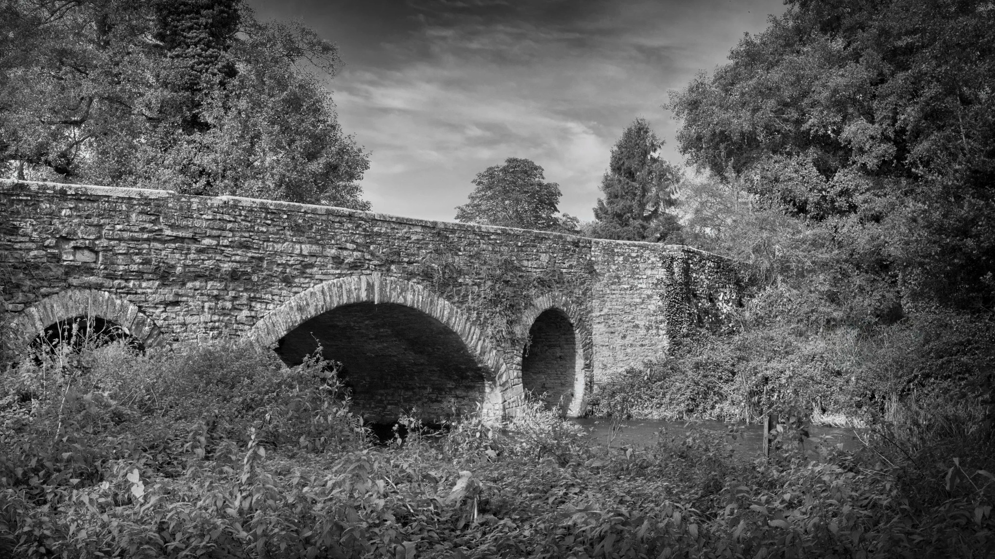 Stone bridge over a river in black and white