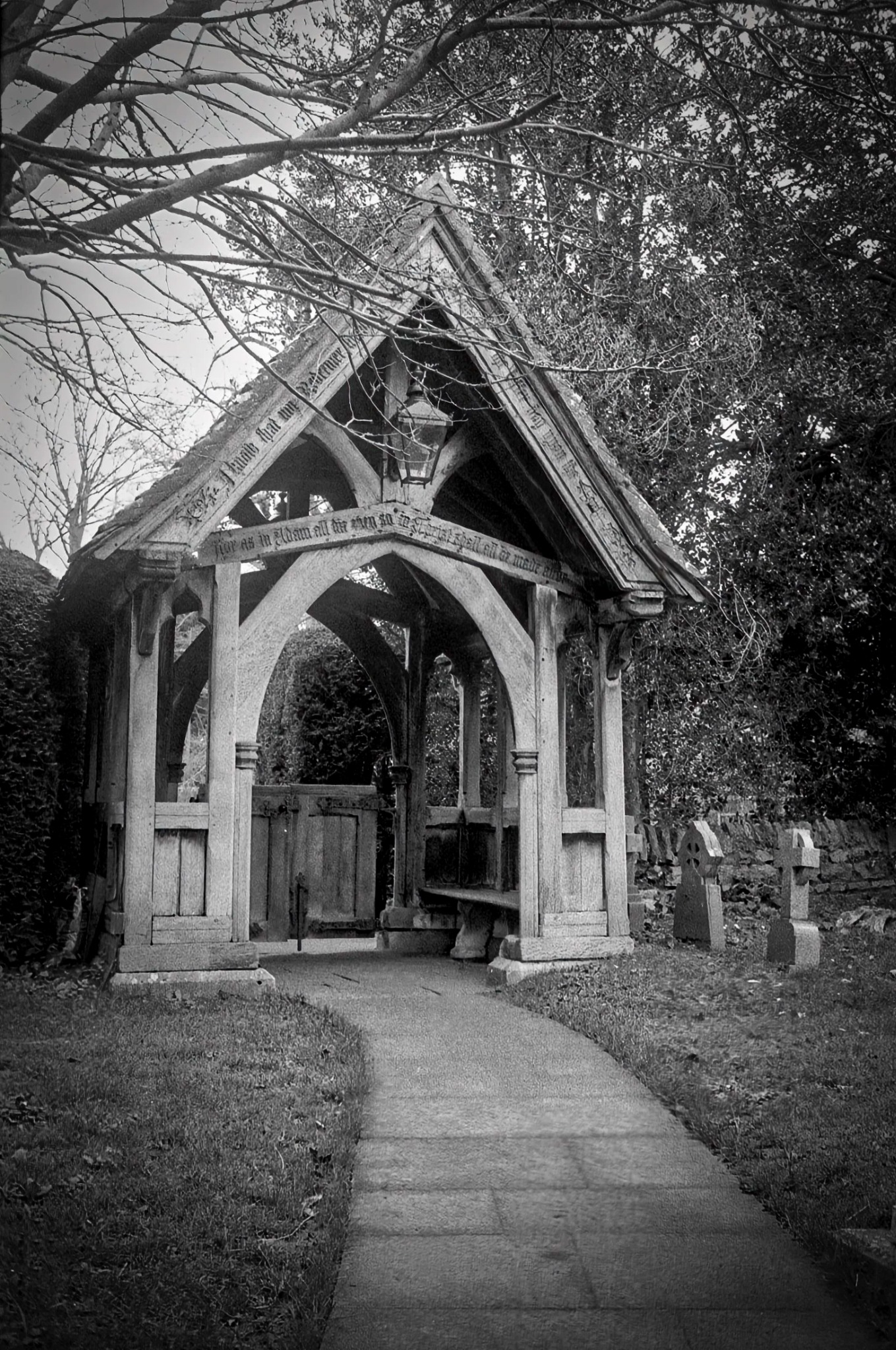 Traditional church lychgate and path