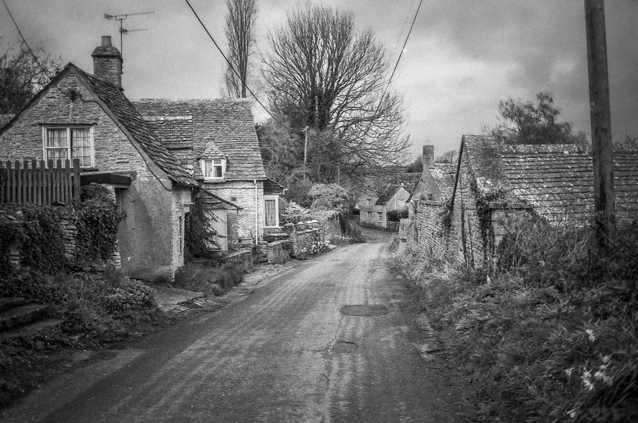 Stone cottage and lane in Chedworth, Cotswolds