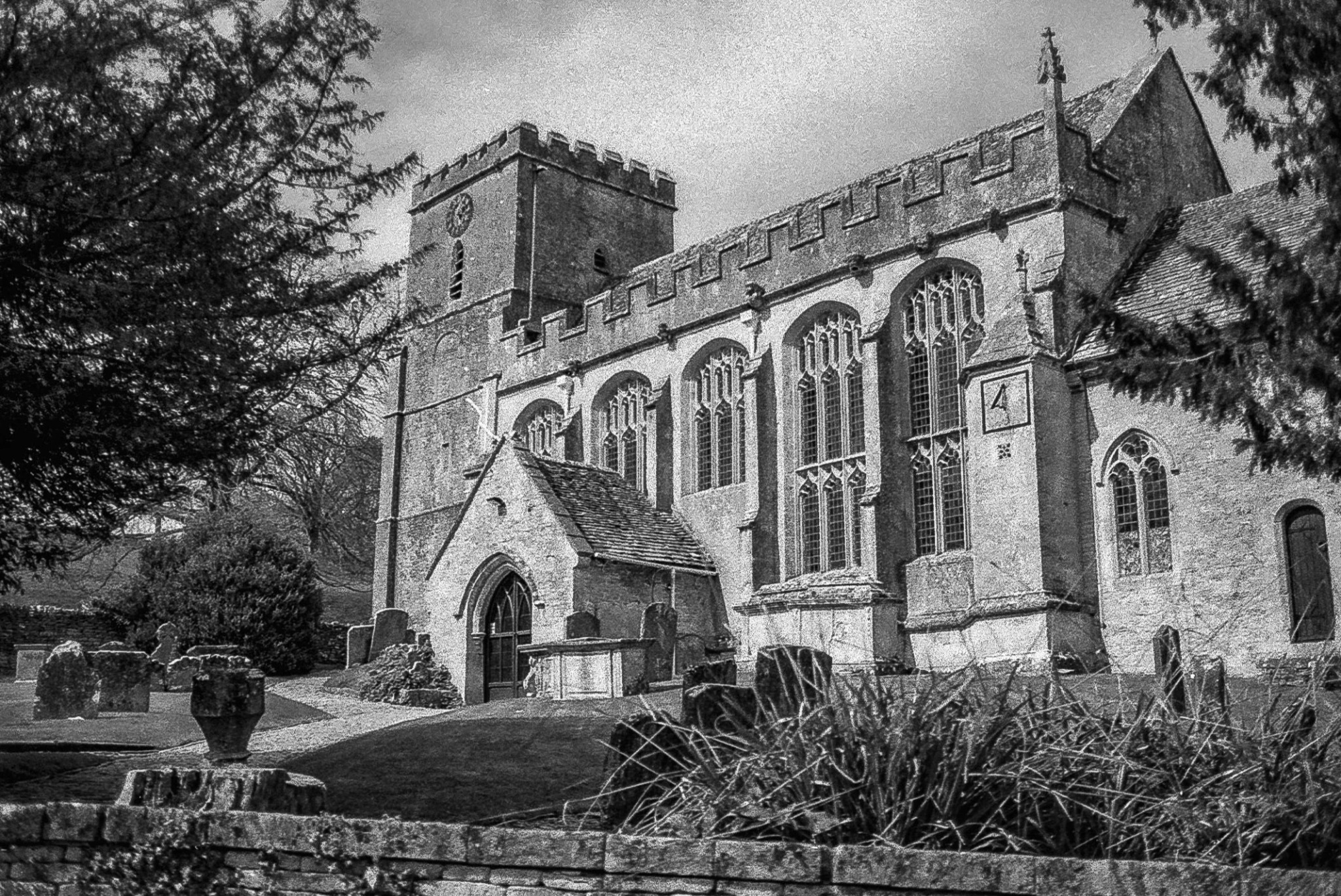 St Andrew's Church, Chedworth, in black and white