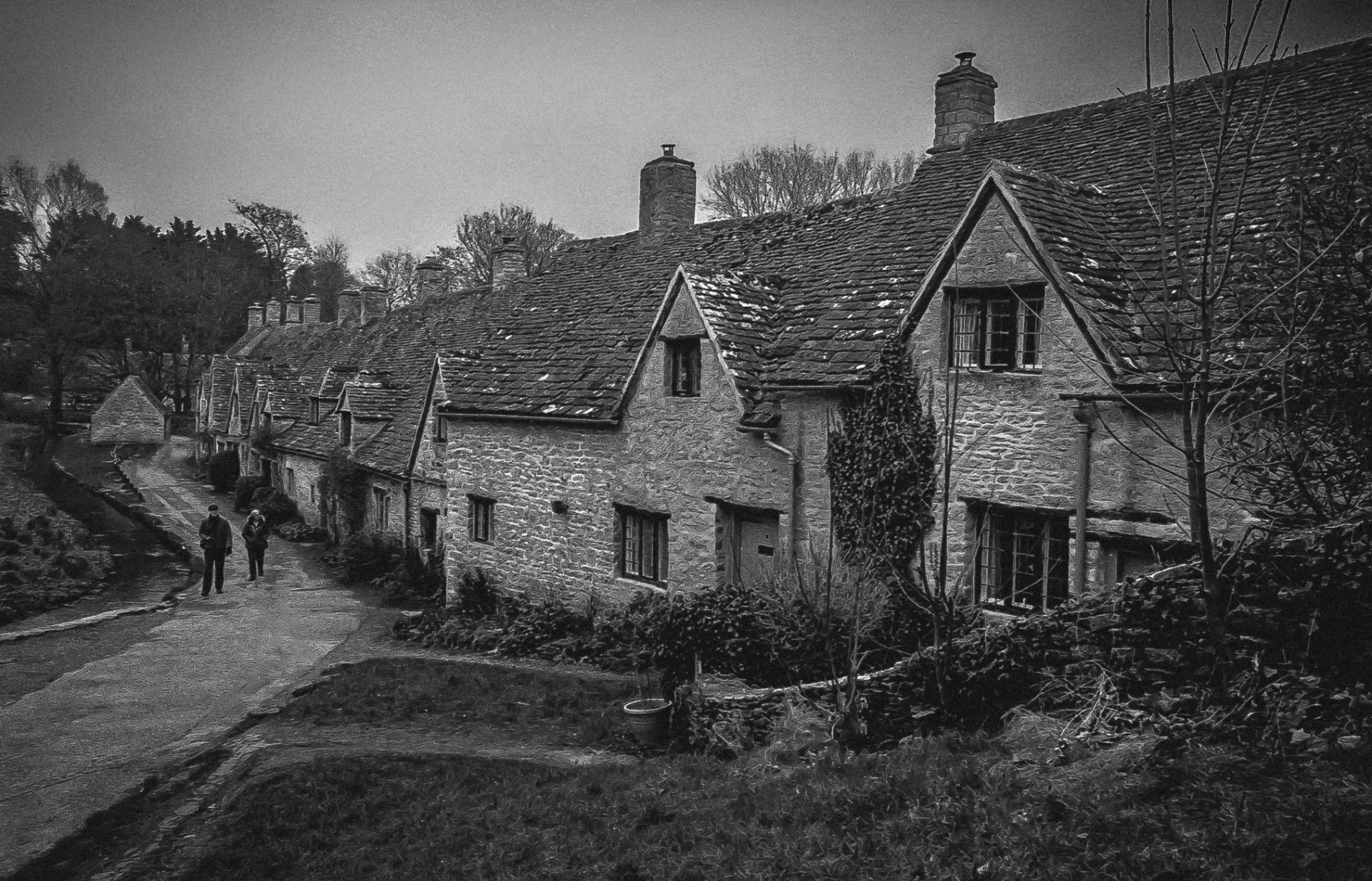 Arlington Row, Bibury, in black and white