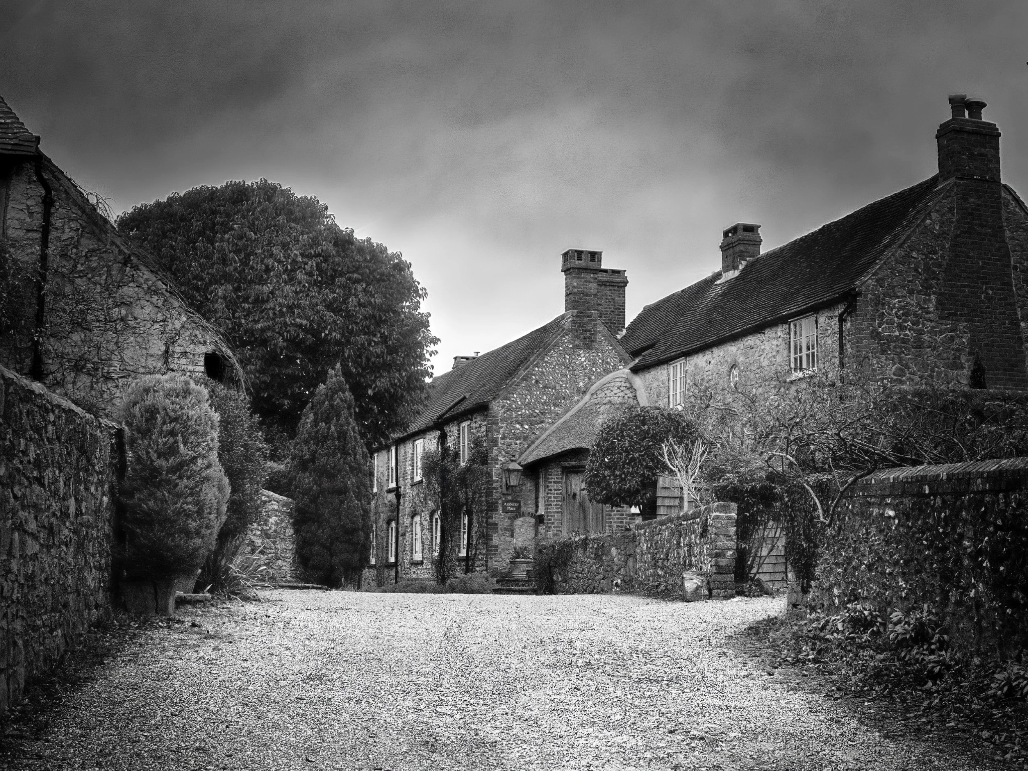 Stone cottages and village lane in rural England