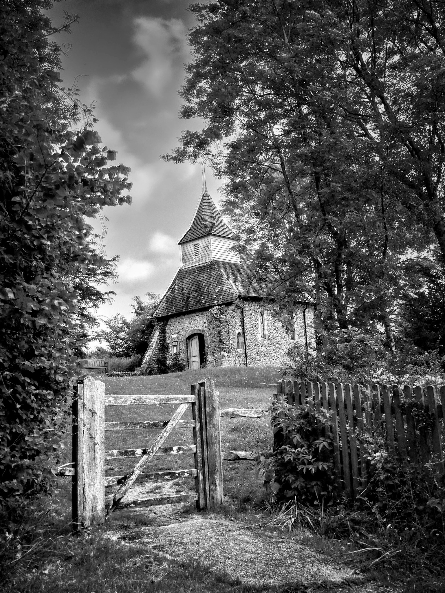 Church framed by trees in the South Downs