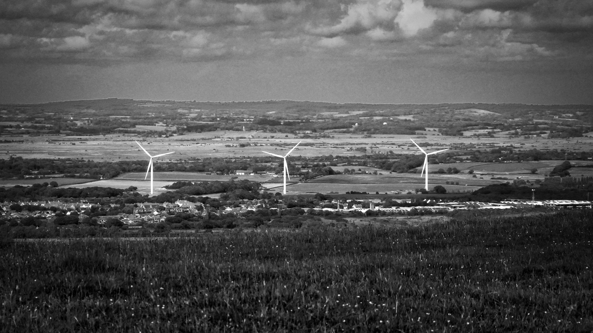 Wind turbines viewed across the Downs