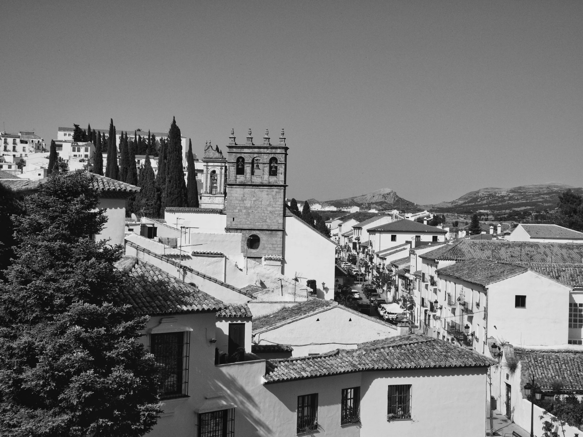 Ronda rooftops church tower cypress trees andalusia