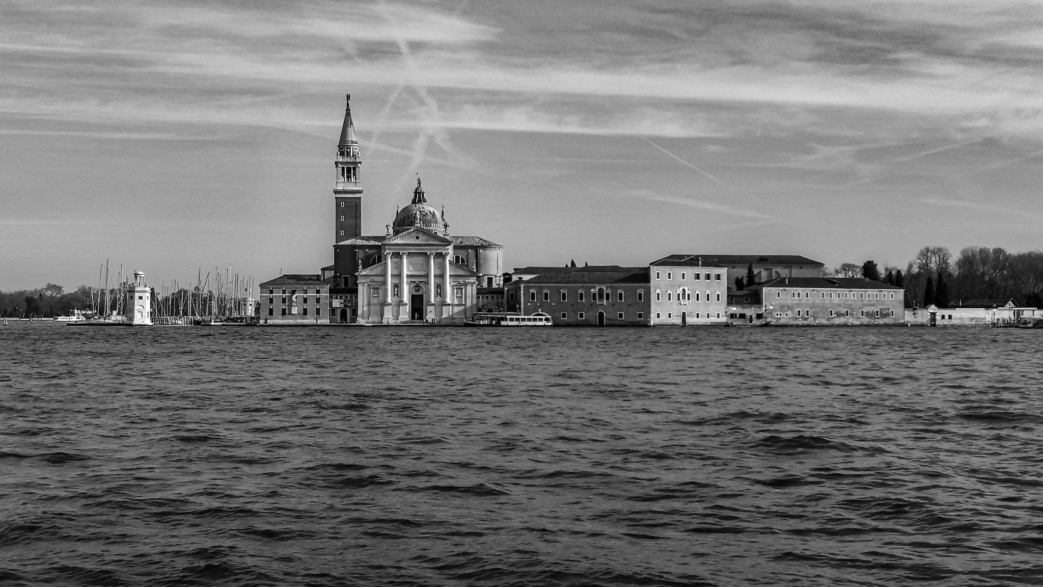 San Giorgio Maggiore across the Venetian lagoon in black and white