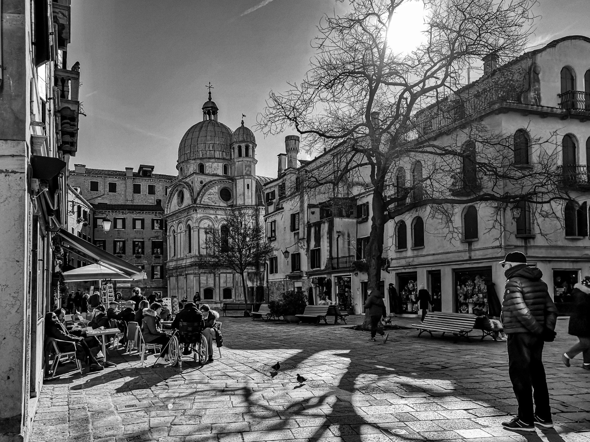 Venice campo church shadows black and white