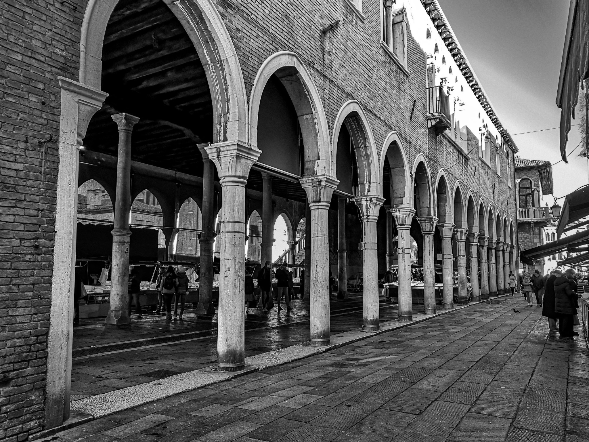 Venice rialto market arches black and white