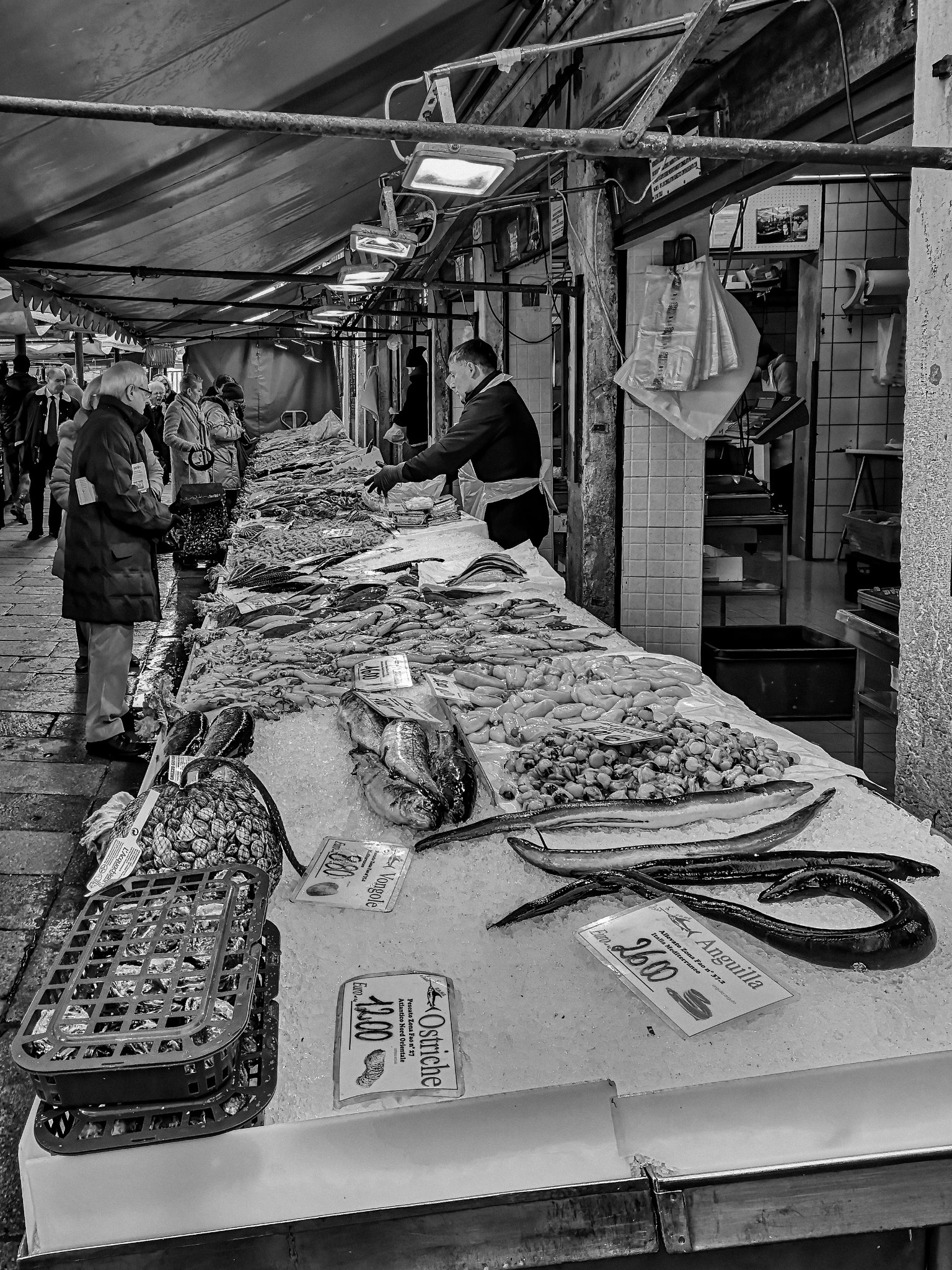 Venice fish market stall black and white