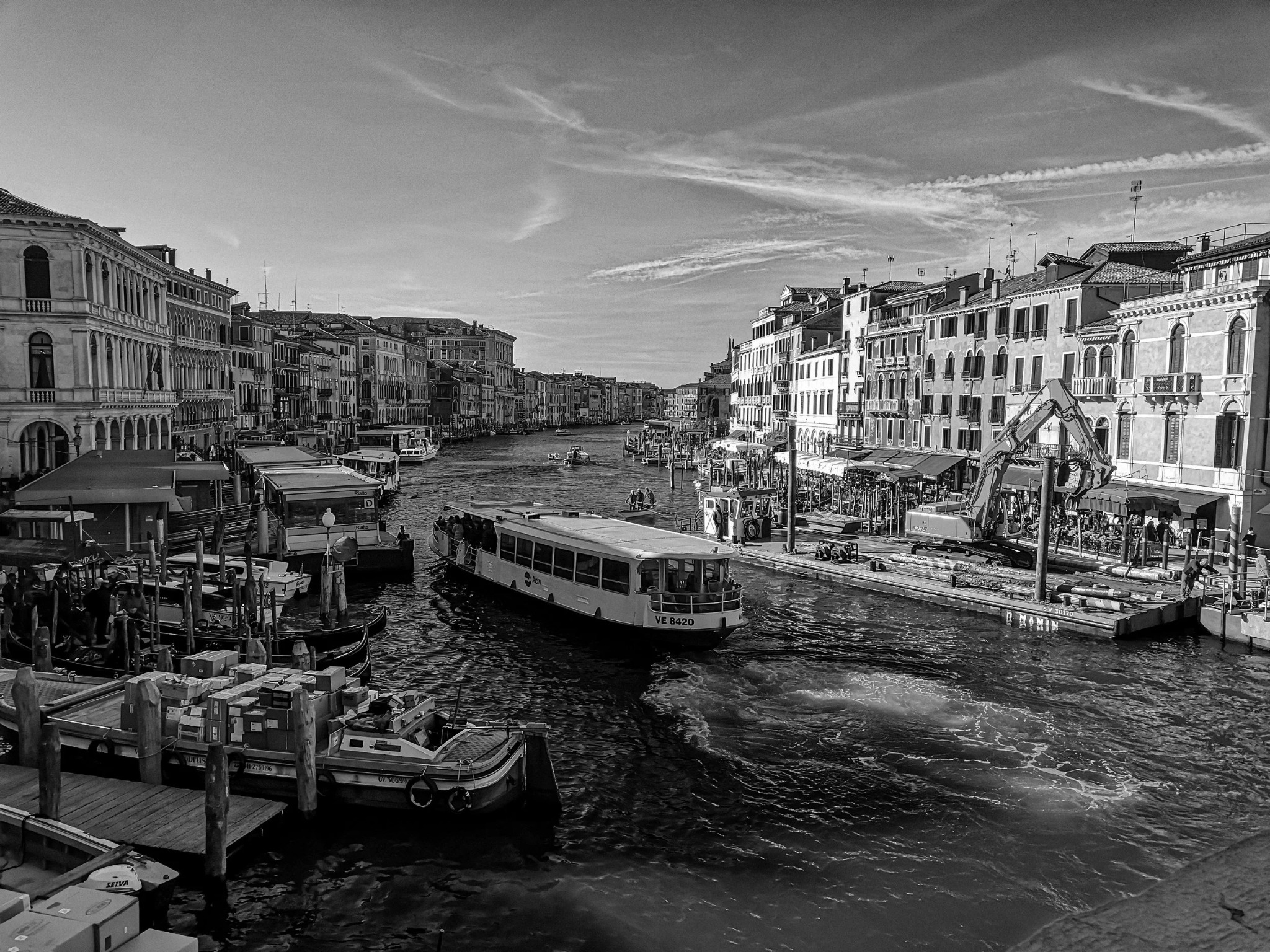 Venice grand canal rialto vaporetto black and white