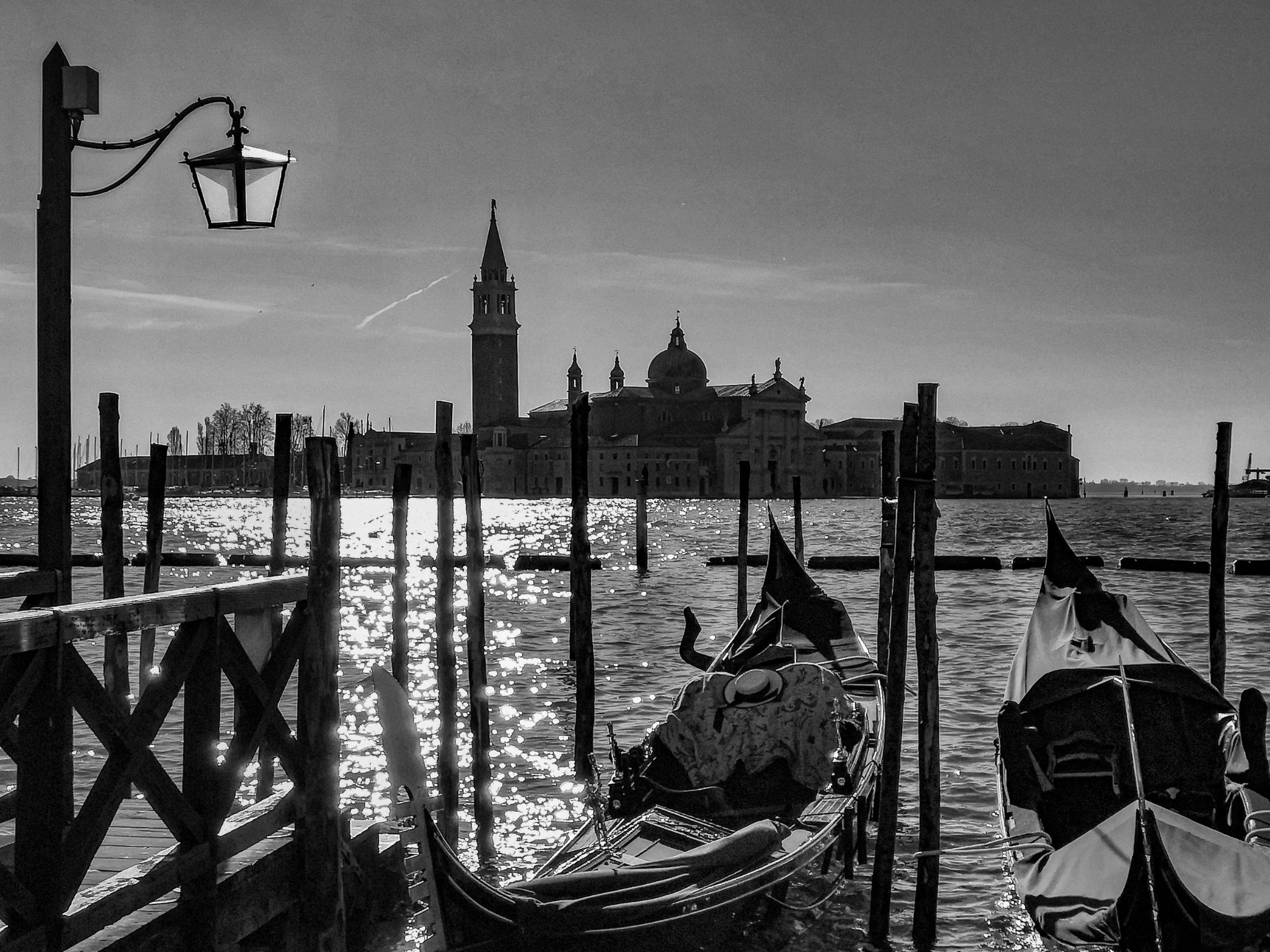 Venice gondolas san giorgio maggiore black and white