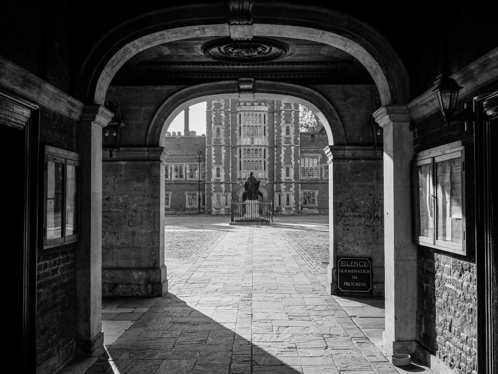 Eton College archway in black and white
