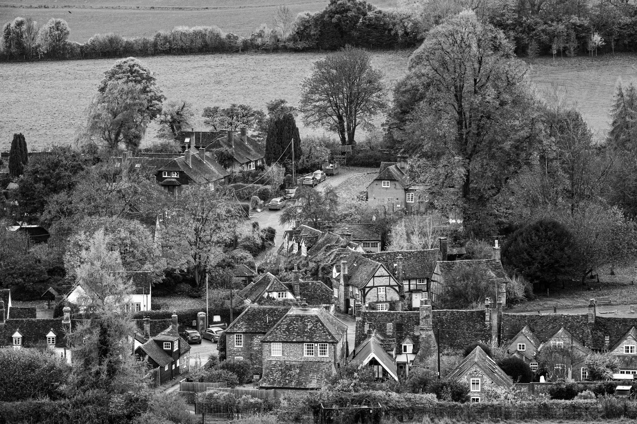English village rooftops viewed from above