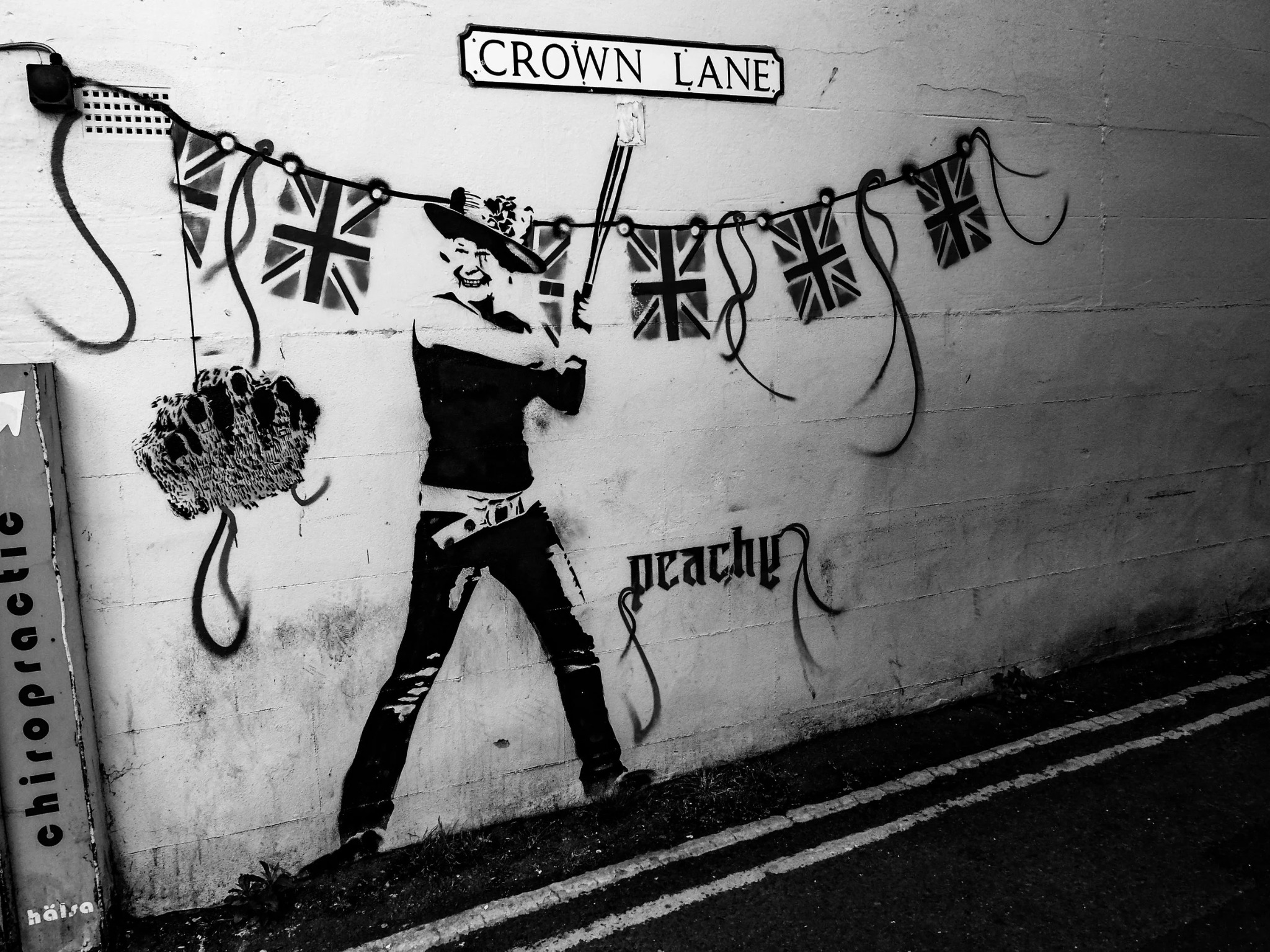 Crown Lane street art in black and white