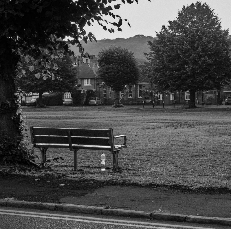 Empty bench beside a village green